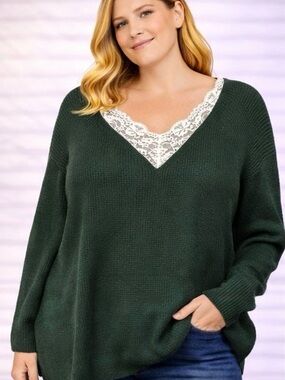 Women’s Forest Green Plus Size Sweater with Lace Trim - Size 3X